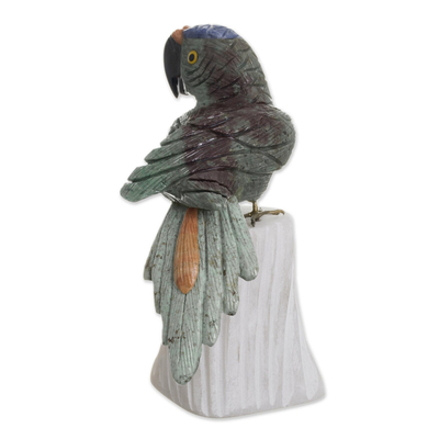 Gemstone sculpture, 'Aqua Macaw' - Handcrafted Gemstone Bird Sculpture from Peru