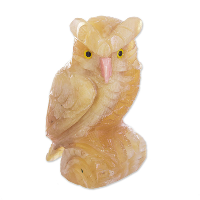 Gemstone sculpture, 'Mystic Brown Owl' - Calcite Gemstone Owl Handmade in Peru