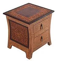 Tornillo wood and leather nightstand, 'Colonial Floral Night'