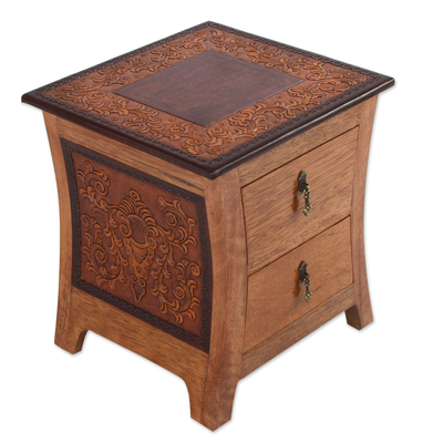 Tornillo wood and leather nightstand, 'Colonial Floral Night' - Tornillo wood and leather nightstand,Colonial Floral Night