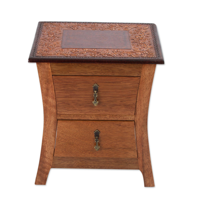 Tornillo wood and leather nightstand, 'Colonial Floral Night' - Tornillo wood and leather nightstand,Colonial Floral Night