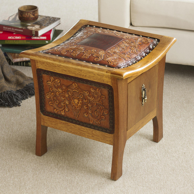 Tornillo wood and leather accent table, 'Colonial Floral Rhythm' - Tornillo wood and leather accent table,Colonial Floral Rhy