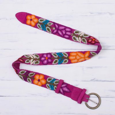 Wool belt, 'Huantla Bouquet' - Hand Made Floral Leather Wool Embroidered Belt from Peru