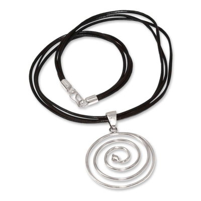 Sterling silver and leather pendant necklace, 'Andean Whirlwind' - Modern Leather and Sterling Silver Pendant Necklace