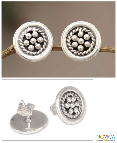 Sterling silver button earrings, 'Andean Dewdrops' - Handmade Floral Sterling Silver Button Earrings
