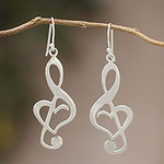 Handcrafted Heart Shaped Sterling Silver Dangle Earrings, 'Song of Love'