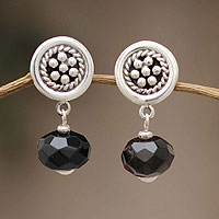 Obsidian dangle earrings, 'Obsidian Dewdrops' - Fair Trade Floral Sterling Silver Dangle Obsidian Earrings
