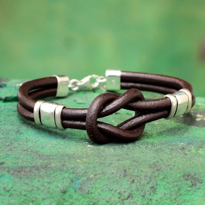 Leather wristband bracelet, 'Twin Brown Knots' - Hand Made Leather Wristband Bracelet