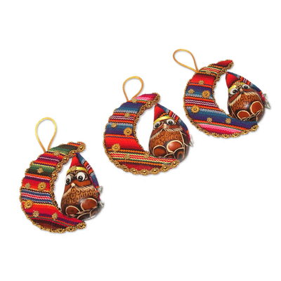 Gourd and cotton blend ornaments, 'Happy Hoots' (set of 3) - Gourd and Cotton Bird Holiday Ornaments (Set of 3)