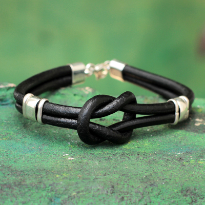 Leather Wristband Bracelet 925 Sterling Silver - Twin Black Knots | NOVICA