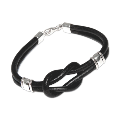 Leather wristband bracelet, 'Twin Black Knots' - Leather Wristband Bracelet 925 Sterling Silver