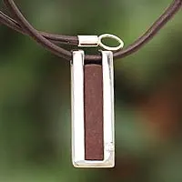 Leather pendant necklace, 'Brown Quechua Minimalist' - Modern Sterling Silver and Leather Pendant Necklace