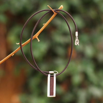 Leather pendant necklace, 'Brown Quechua Minimalist' - Modern Sterling Silver and Leather Pendant Necklace