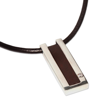 Leather pendant necklace, 'Brown Quechua Minimalist' - Modern Sterling Silver and Leather Pendant Necklace