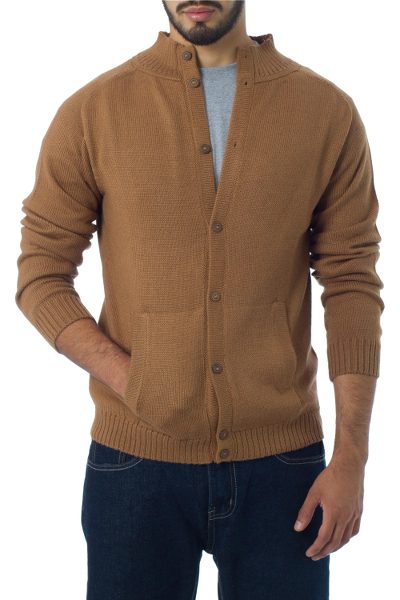 Men's alpaca cardigan, 'Classic in Camel' - Men's alpaca cardigan