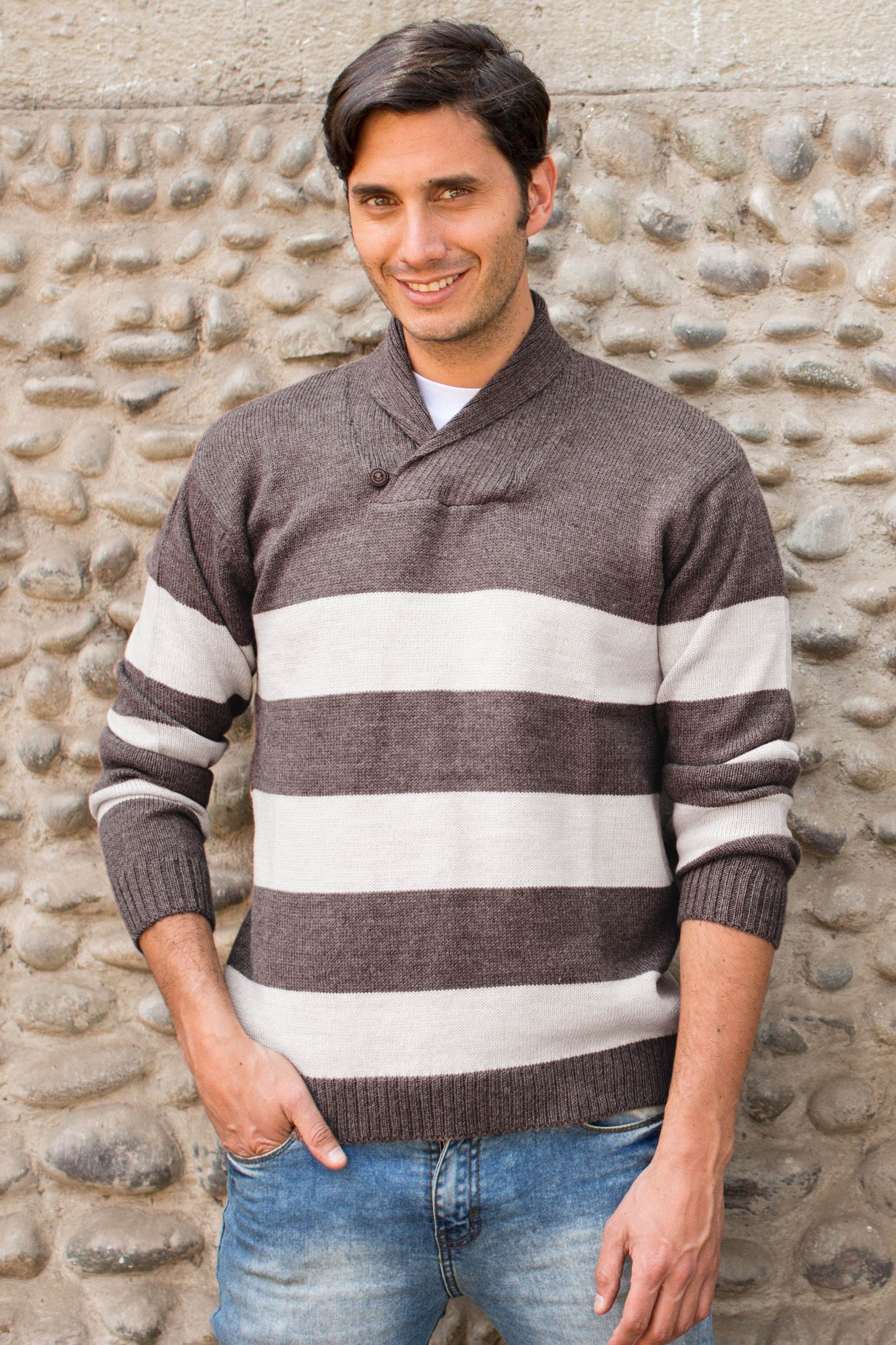 Men's Alpaca Wool Pullover Sweater - Cortijo Man in Beige | NOVICA