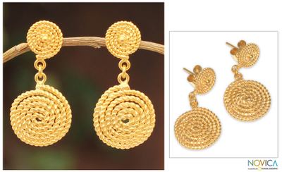 Gold vermeil dangle earrings, 'Spiral Medallions' - Fair Trade Vermeil Dangle Earrings