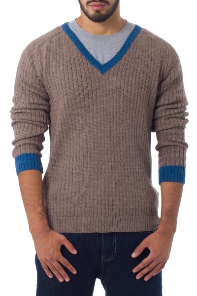 Men's alpaca blend sweater, 'Informal Brown' - Men's Alpaca Wool Blend Class V-Neck Sweater
