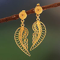 Gold vermeil filigree dangle earrings, 'Angel Wings' - Unique Vermeil Dangle Earrings