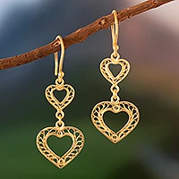 Gold vermeil filigree dangle earrings, 'Our Two Hearts'