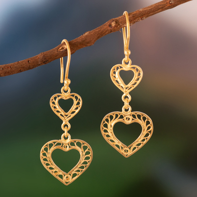 Gold vermeil filigree dangle earrings, 'Our Two Hearts' - Hand Made Peruvian Gold Vermeil Filigree Earrings