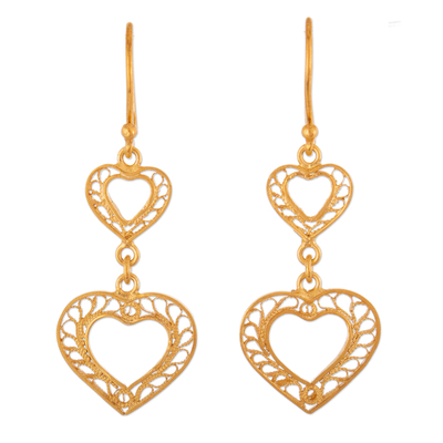 Gold vermeil filigree dangle earrings, 'Our Two Hearts' - Hand Made Peruvian Gold Vermeil Filigree Earrings