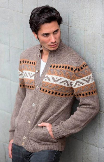 Men's alpaca blend sweater, 'Brown Inca Hills' - Men's Alpaca Blend Cardigan Sweater