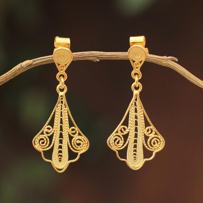 Gold plated filigree dangle earrings, Peruvian Lace
