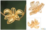 Gold vermeil filigree brooch pin, 'Tropical Orchid' - Handcrafted Floral Vermeil Filigree Brooch Pin
