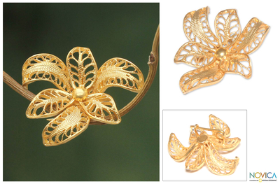 Gold vermeil filigree brooch pin, 'Tropical Orchid' - Handcrafted Floral Vermeil Filigree Brooch Pin