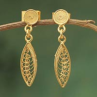Gold vermeil filigree dangle earrings, 'Leaf Promise' - Hand Made Vermeil Dangle Earrings from Peru