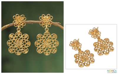 Gold vermeil filigree dangle earrings, 'Andean Blossom' - Artisan Crafted Gold Vermeil Filigree Dangle Earrings