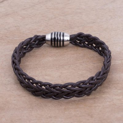 Men's braided leather bracelet, 'Brown Thorn' - Men's Fair Trade Leather Braided Bracelet