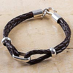 Handmade Men's Sterling Silver and Leather Bracelet, 'Naturally'