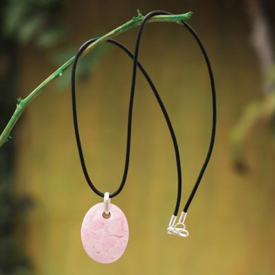 Rhodonite pendant necklace, 'Pink Lady' - Leather Cord Rhodonite Necklace