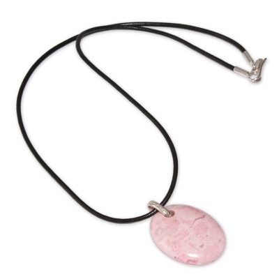 Rhodonite pendant necklace, 'Pink Lady' - Leather Cord Rhodonite Necklace