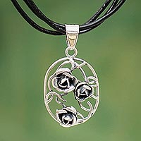Sterling silver flower necklace, 'Three Roses' - Floral Sterling Silver Cord Necklace from Peru