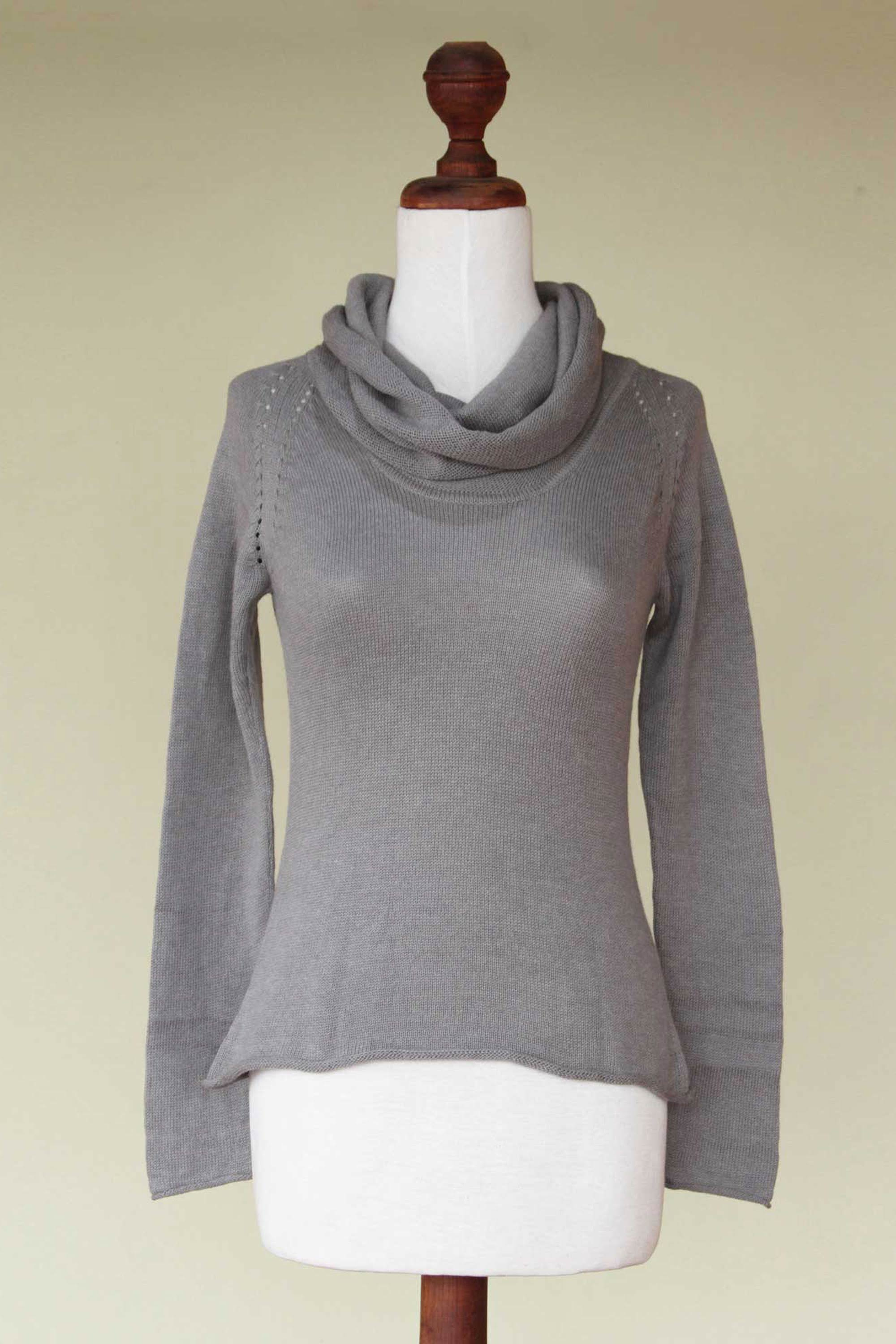 Cotton and Alpaca Wool Blend Pullover Sweater - Misty Warmth | NOVICA