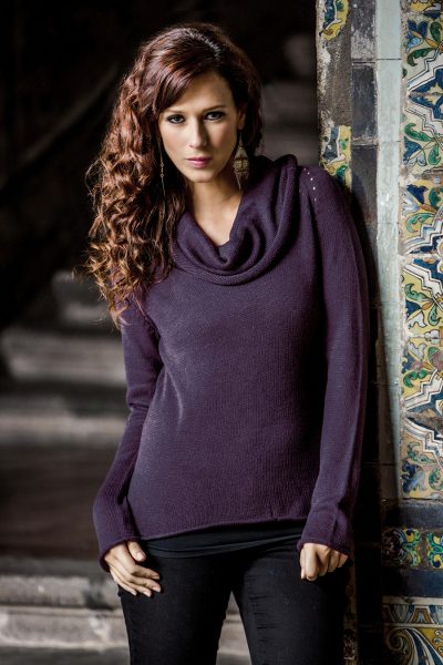 Cotton and alpaca sweater, 'Purple Warmth' - Cotton Blend Fashion Pullover Sweater