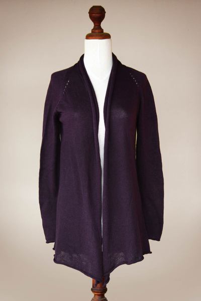 Cotton and alpaca cardigan, 'Andean Purple' - Peruvian Cotton and Alpaca Blend Open Cardigan