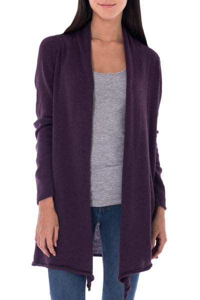 Cotton and alpaca cardigan, 'Andean Purple' - Peruvian Cotton and Alpaca Blend Open Cardigan
