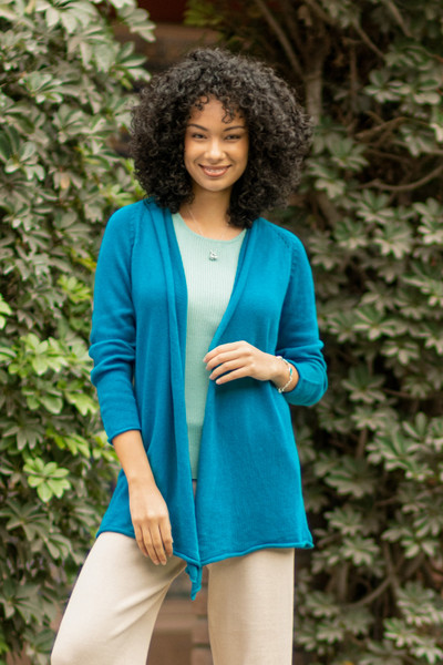 Cotton and alpaca sweater, 'Andean Blue' - Artisan Crafted Cotton Alpaca Blend Cardigan