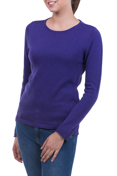 Cotton and alpaca sweater, 'Puno Purple' - Handmade Alpaca Wool Blend Cotton Pullover Sweater