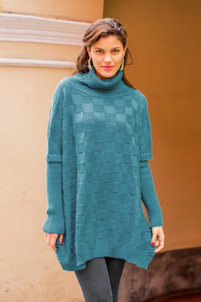 Alpaca blend poncho, 'Teal Contrasts' - Artisan Crafted Alpaca Blend Poncho