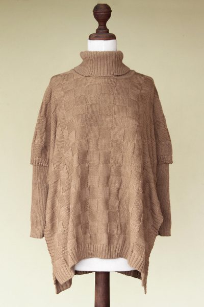 Alpaca blend poncho, 'Tan Contrasts' - Alpaca blend poncho
