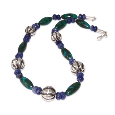 Sodalite and chrysocolla beaded necklace, 'Naturally, Peru' - Sodalite Chrysocolla Beaded Necklace 925 Sterling Silver Art