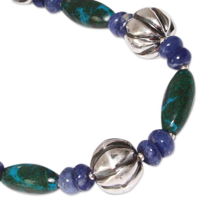 Sodalite and chrysocolla beaded necklace, 'Naturally, Peru' - Sodalite Chrysocolla Beaded Necklace 925 Sterling Silver Art