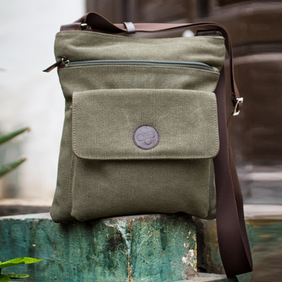 Cotton messenger bag, 'Ica Traveler' - Leather Accent and Cotton Shoulder Bag 
