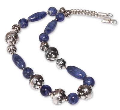 Sodalite beaded necklace, 'Titicaca Mermaid' - Handmade Sterling Silver Beaded Sodalite Necklace
