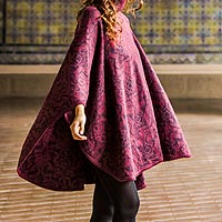Alpaca Wool Blend Patterned Poncho from Peru,'Sublime Violet'